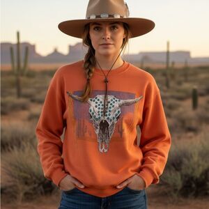 Vintage Top Threads Southwestern Skull Orange Crewneck. Size Medium
